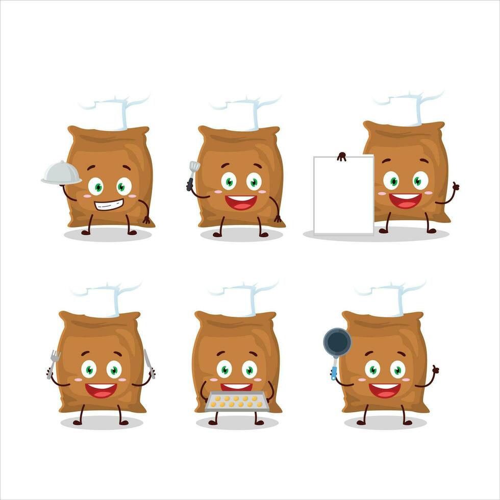 dibujos animados personaje de harina saco con varios cocinero emoticones vector