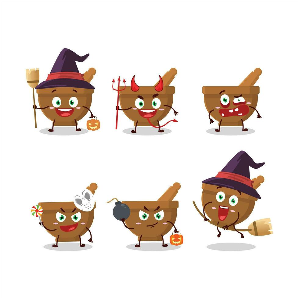 Halloween expression emoticons with cartoon character of mortar and pestle vector