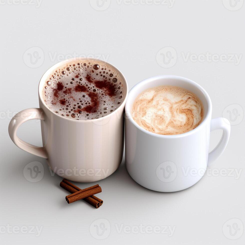 White mugs with hot chocolate, with and without chocolate powder photo