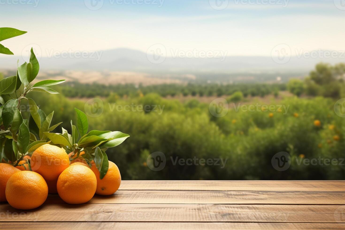 Wood table with free space over orange trees photo