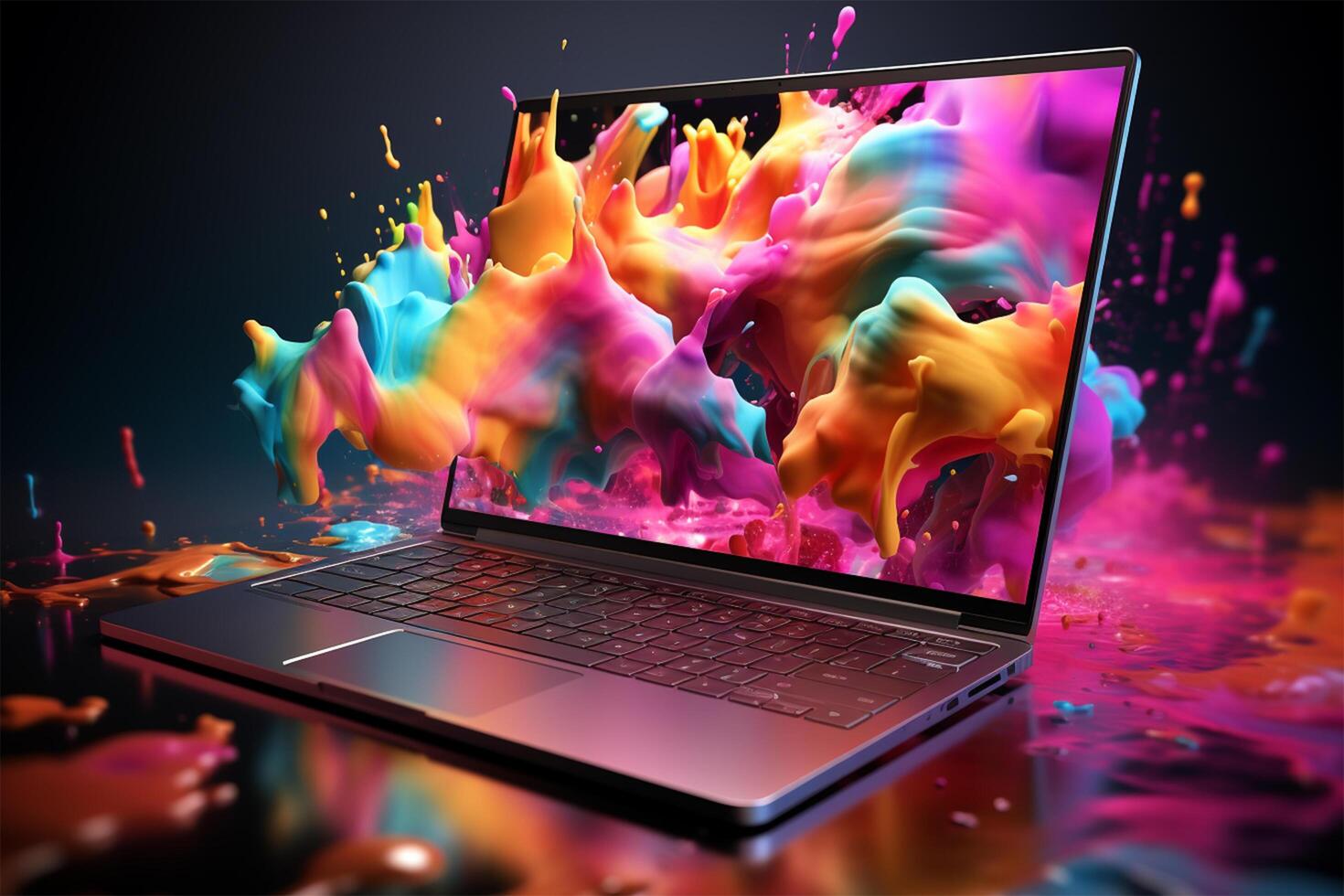 Laptop Trendy liquid style shapes abstract design, dynamic smartphone pub concept photo