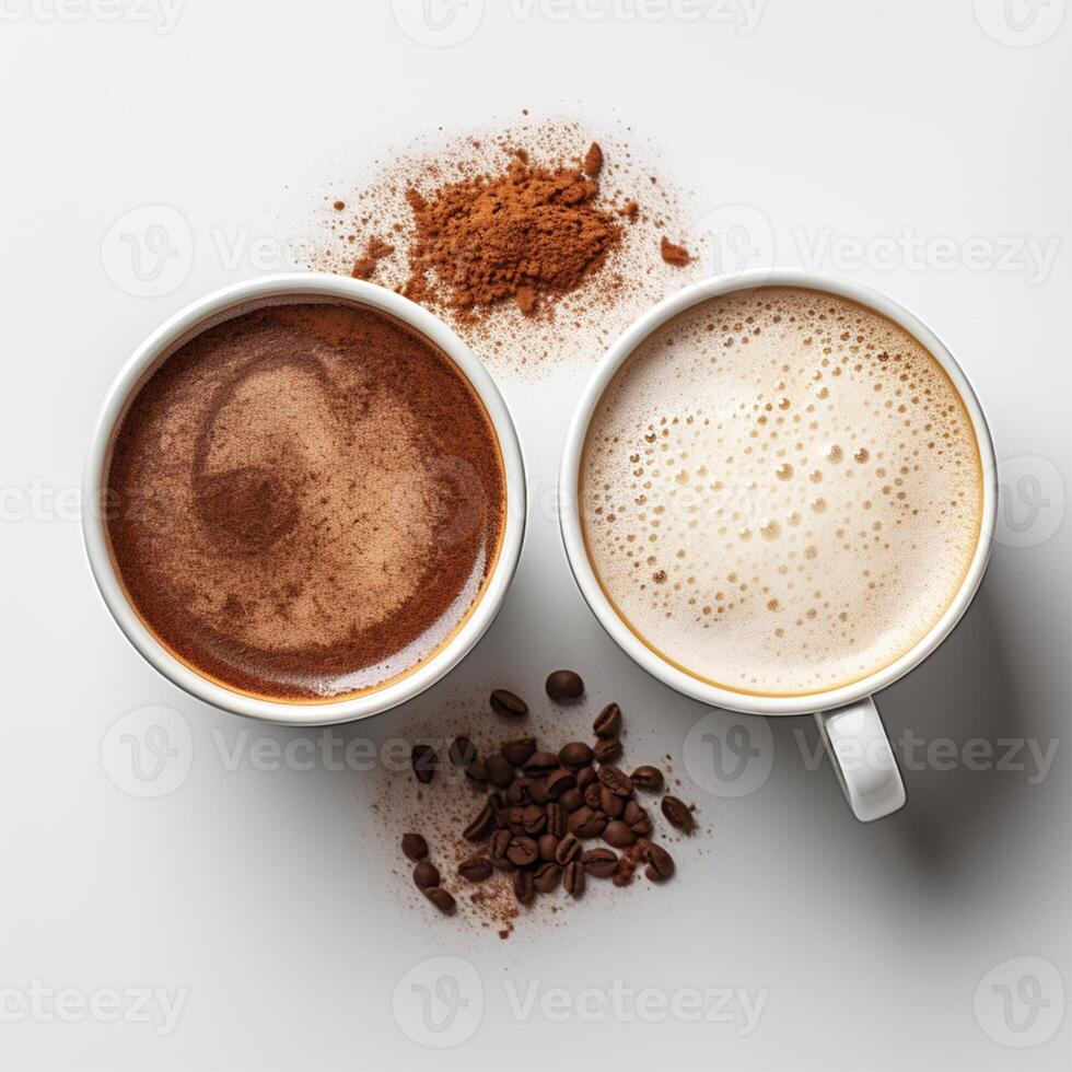 White mugs with hot chocolate, with and without chocolate powder photo
