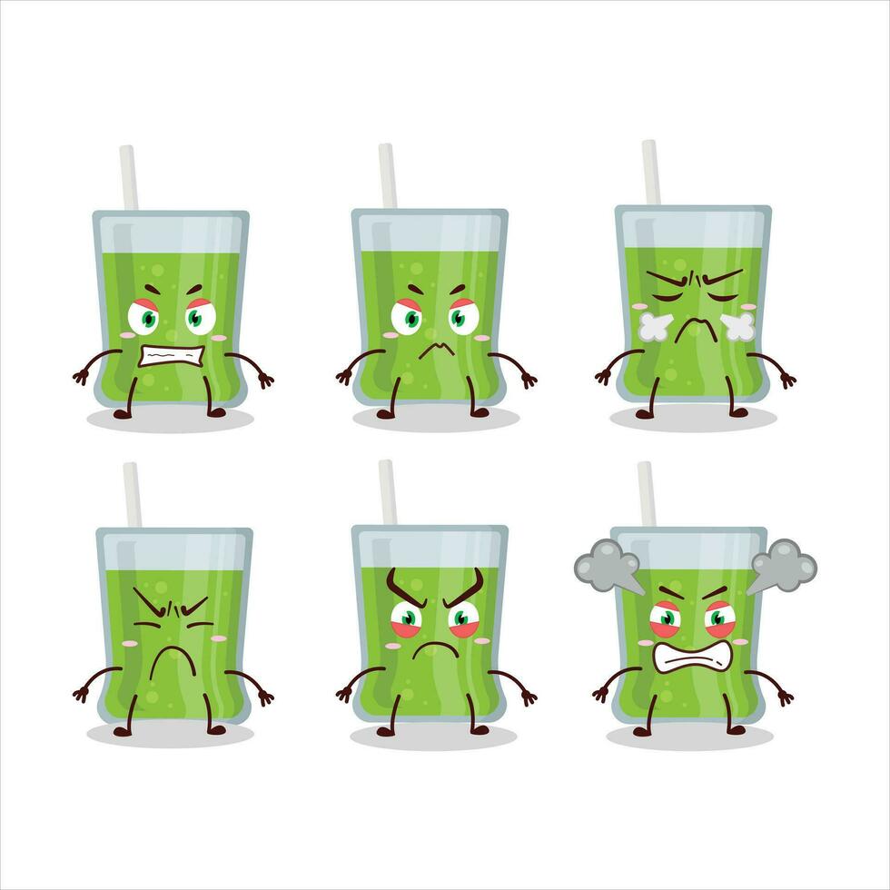 verde manzana jugo dibujos animados personaje con varios enojado expresiones vector