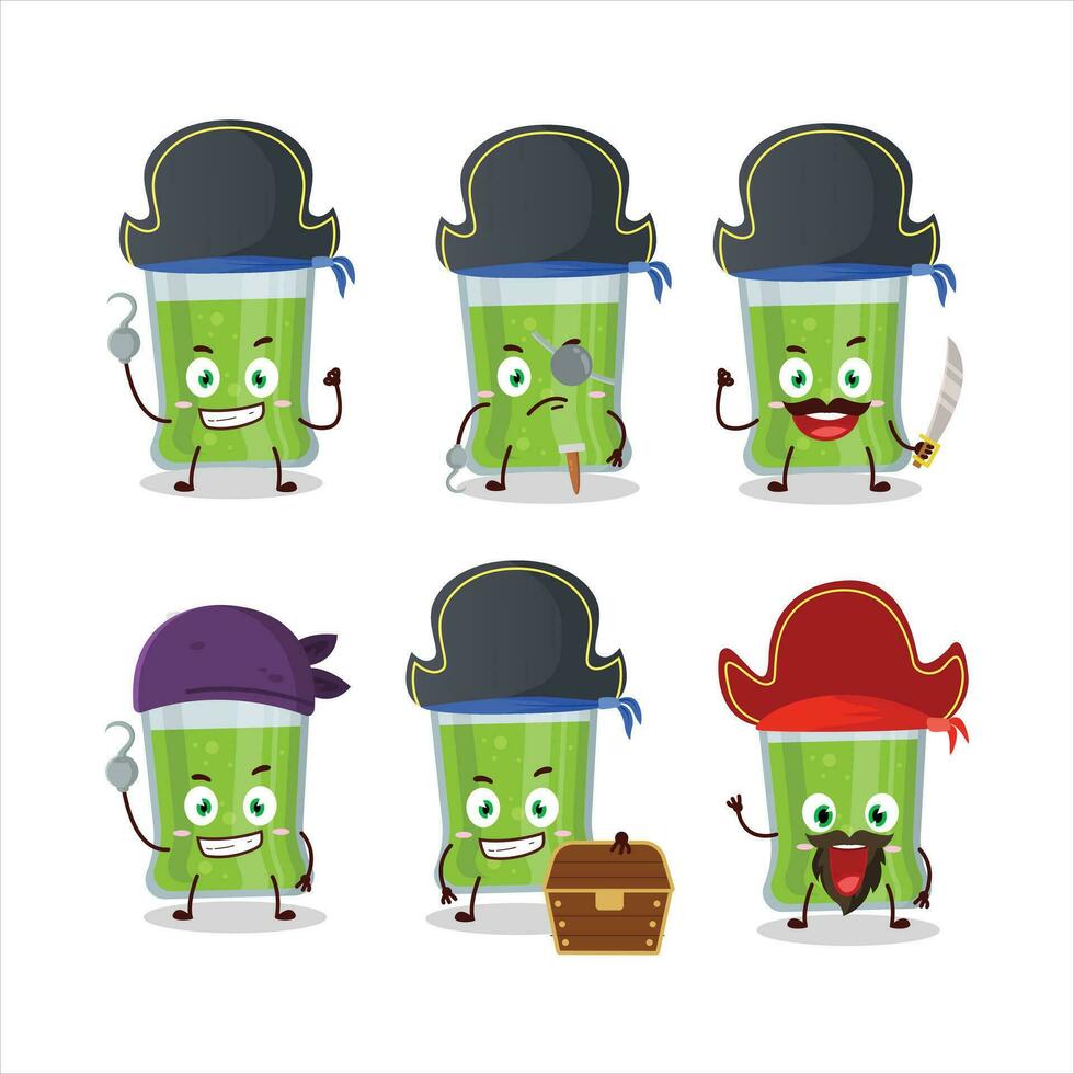 dibujos animados personaje de verde manzana jugo con varios piratas emoticones vector