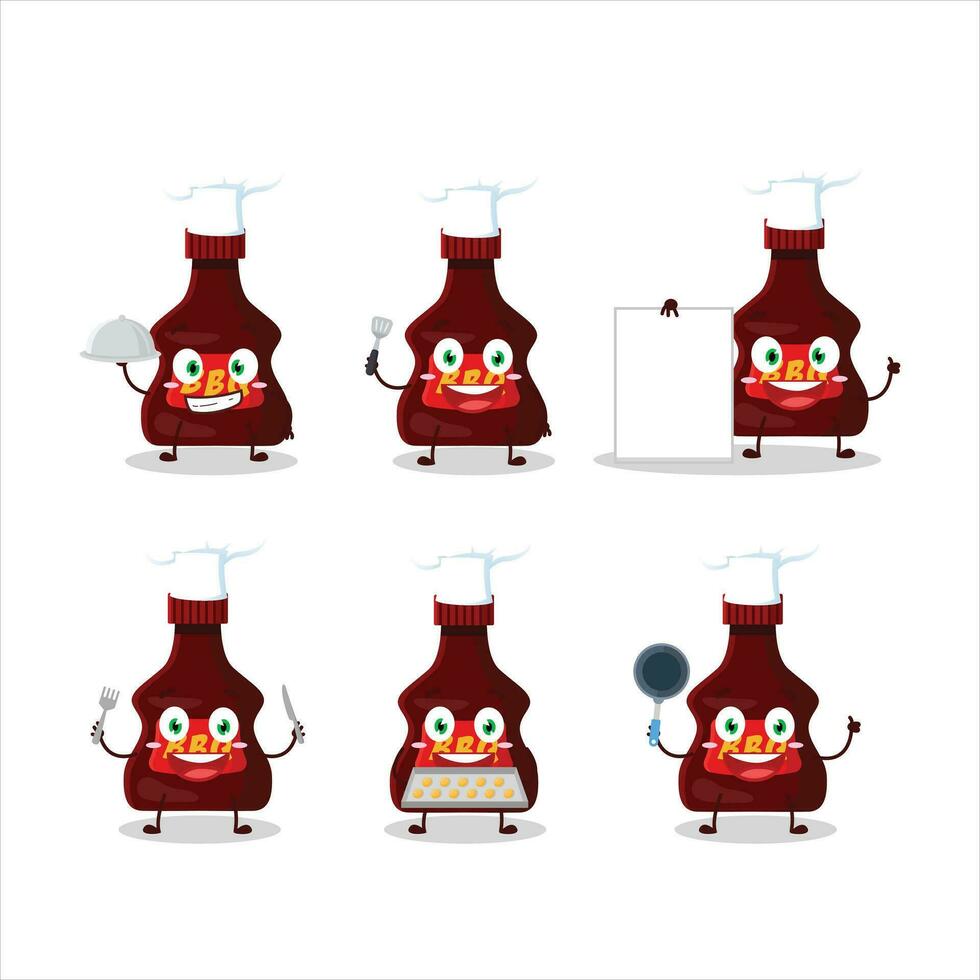 dibujos animados personaje de barbacoa salsa con varios cocinero emoticones vector