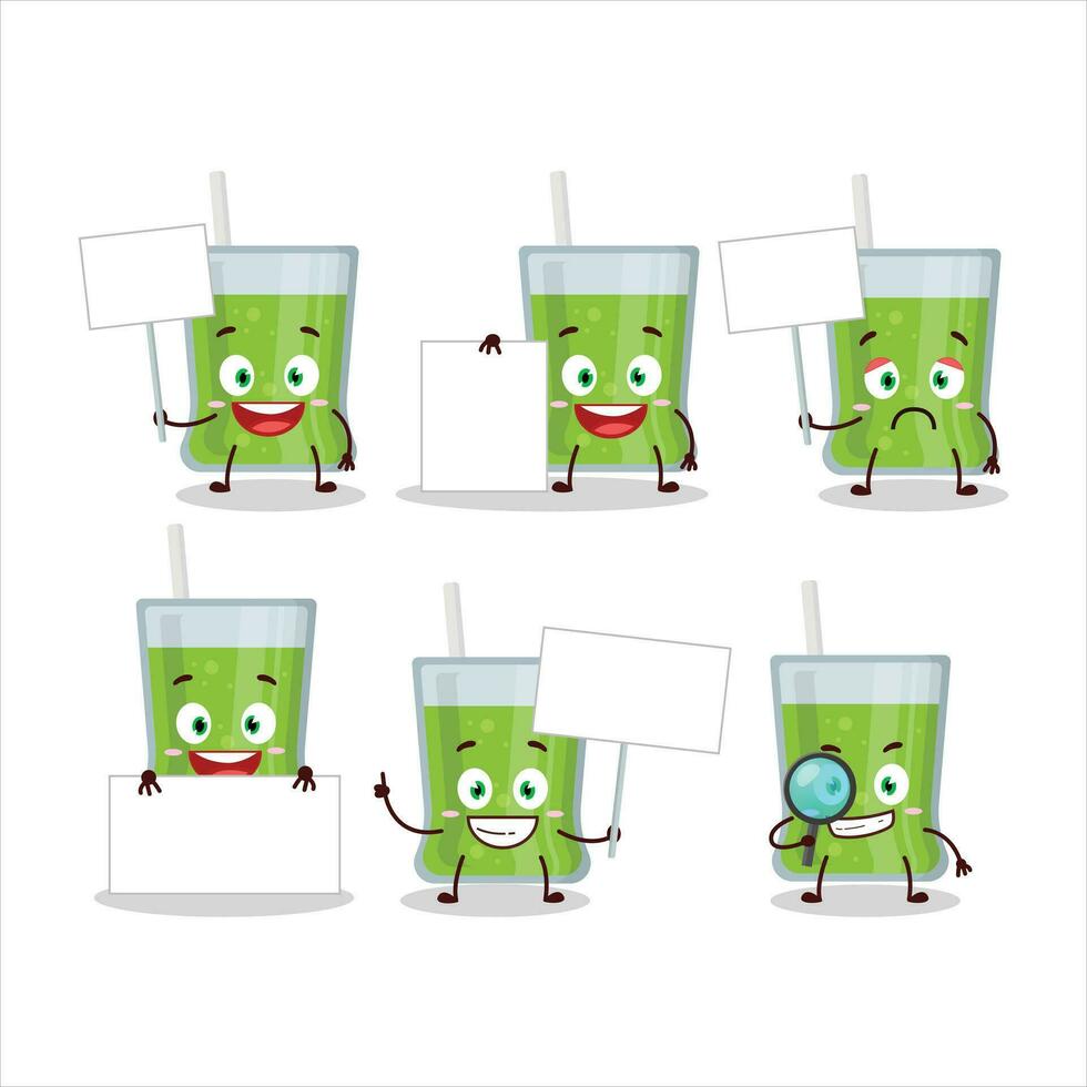 Green apple juice cartoon character bring information board vector