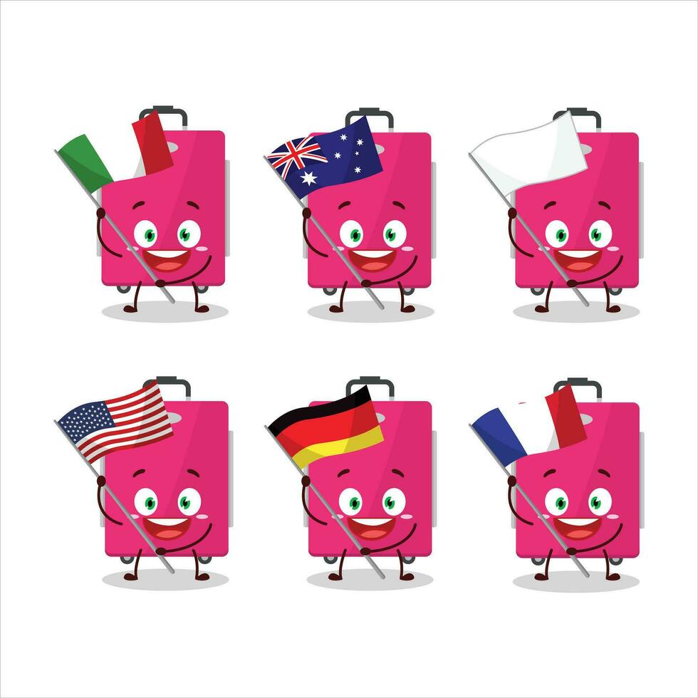Pink lugage cartoon character bring the flags of various countries vector