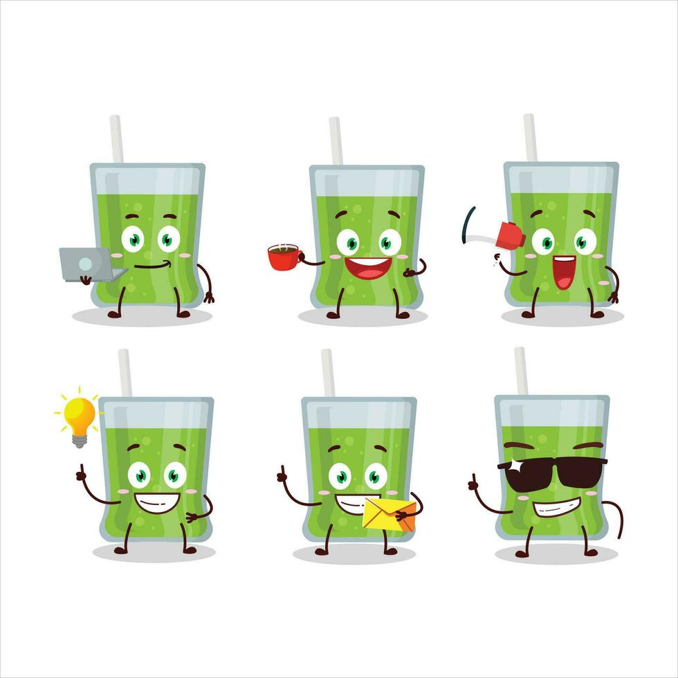 verde manzana jugo dibujos animados personaje con varios tipos de negocio emoticones vector