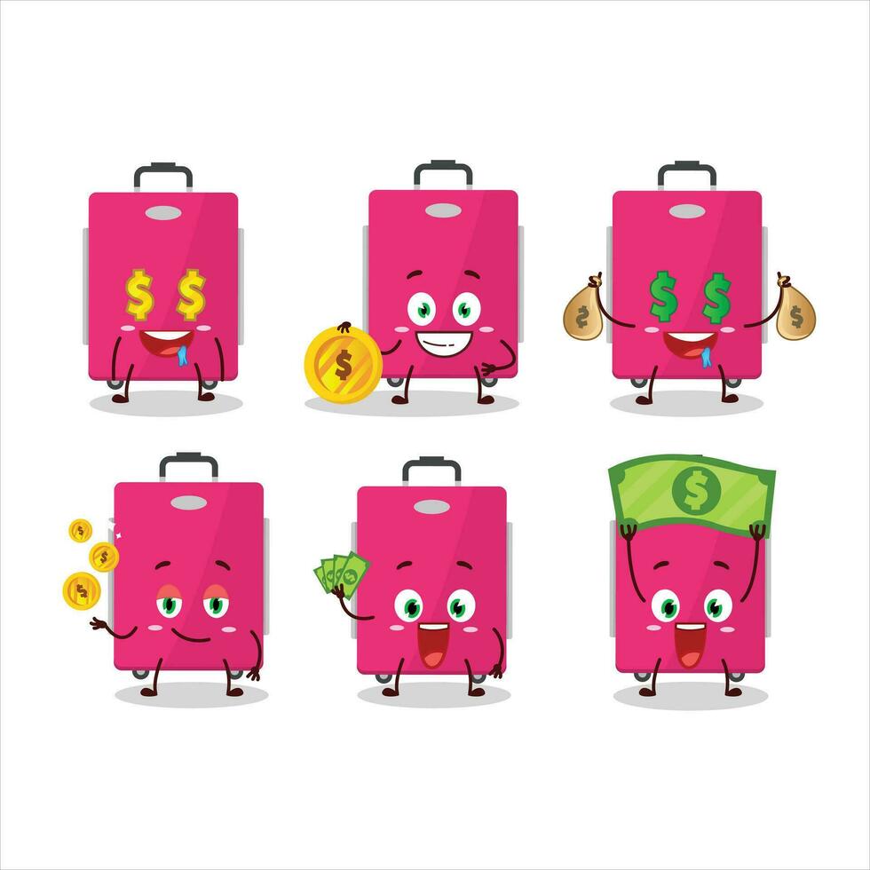 Pink lugage cartoon character with cute emoticon bring money vector