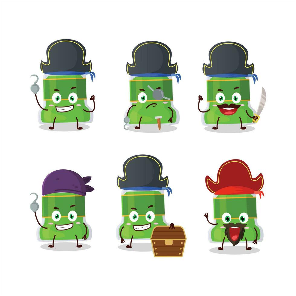 Cartoon character of pesto bottle with various pirates emoticons vector