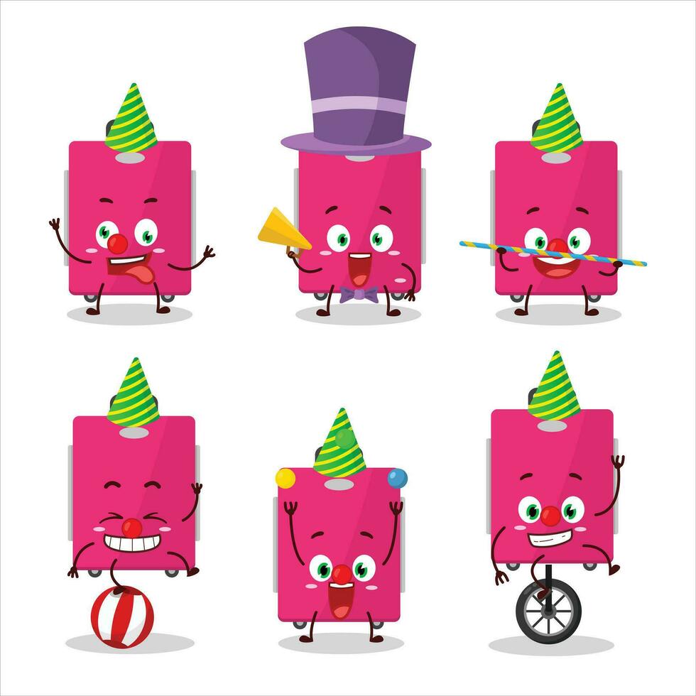 dibujos animados personaje de rosado equipaje con varios circo muestra vector