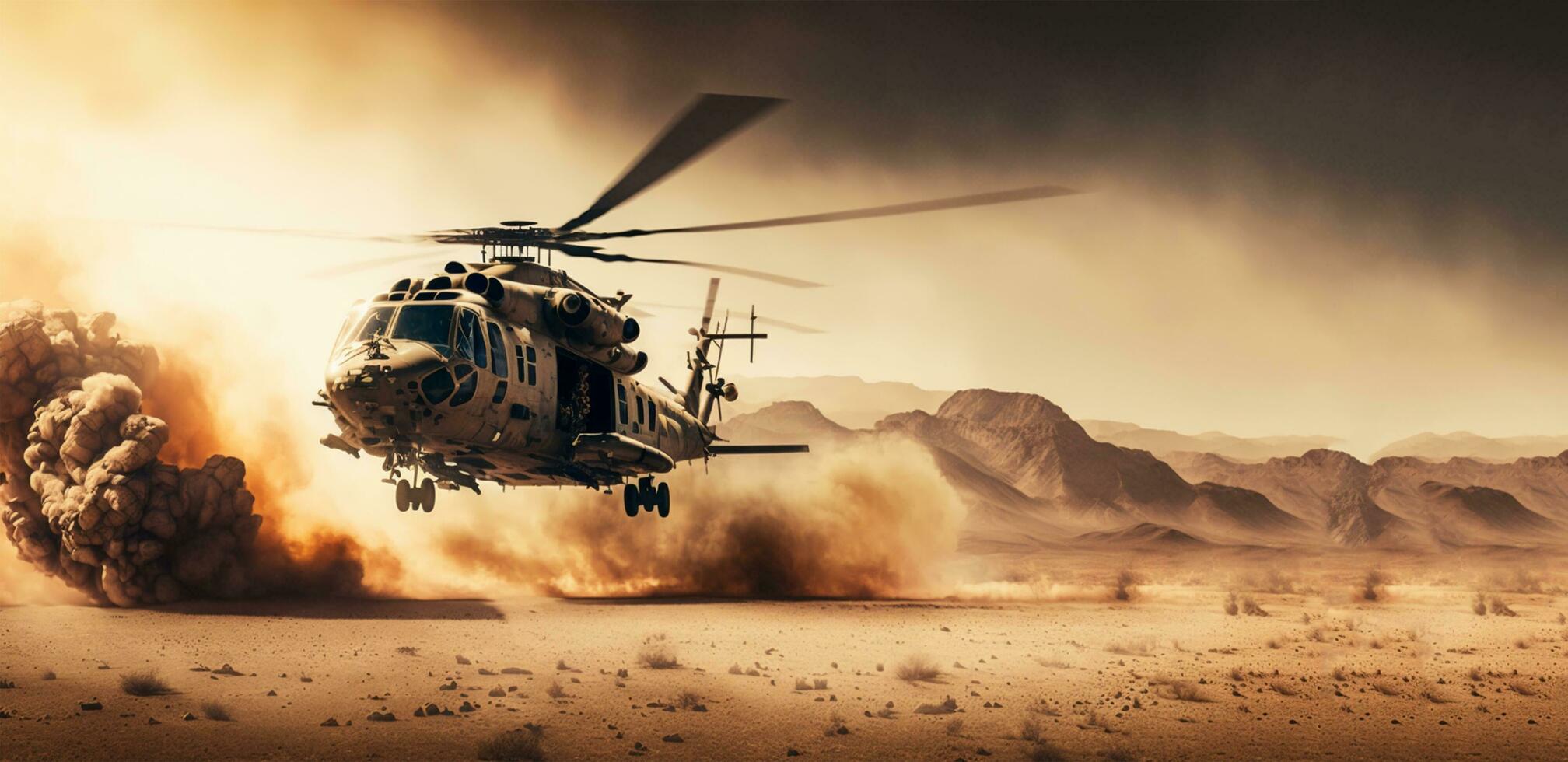 The helicopter descends in the desert AI Generated photo