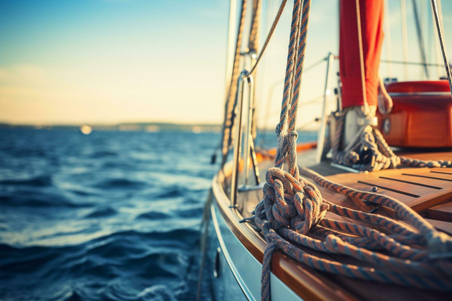 Sailing yacht in the sunset light. Close-up of the bow and sails AI Generated photo