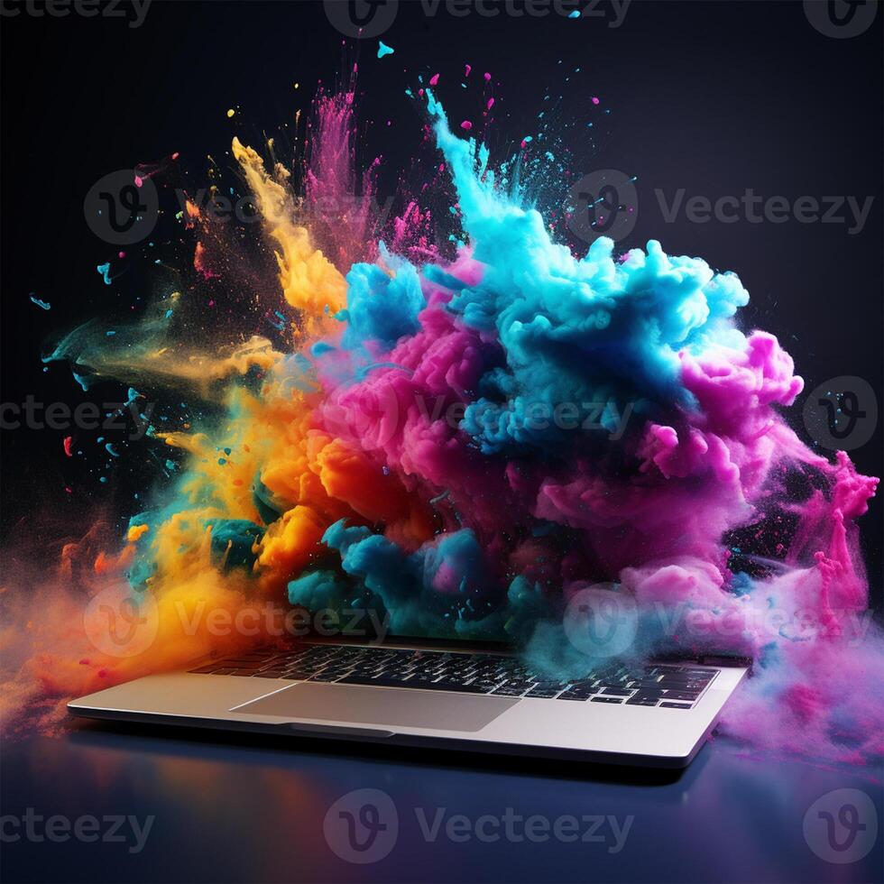 Laptop with blank screen Powerful explosion of powder explosion dust, holi AI Generated photo