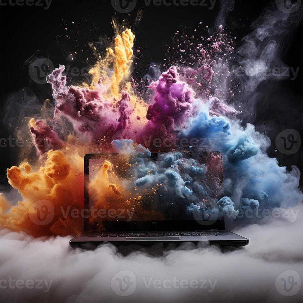 Laptop with blank screen Powerful explosion of powder explosion dust, holi AI Generated photo