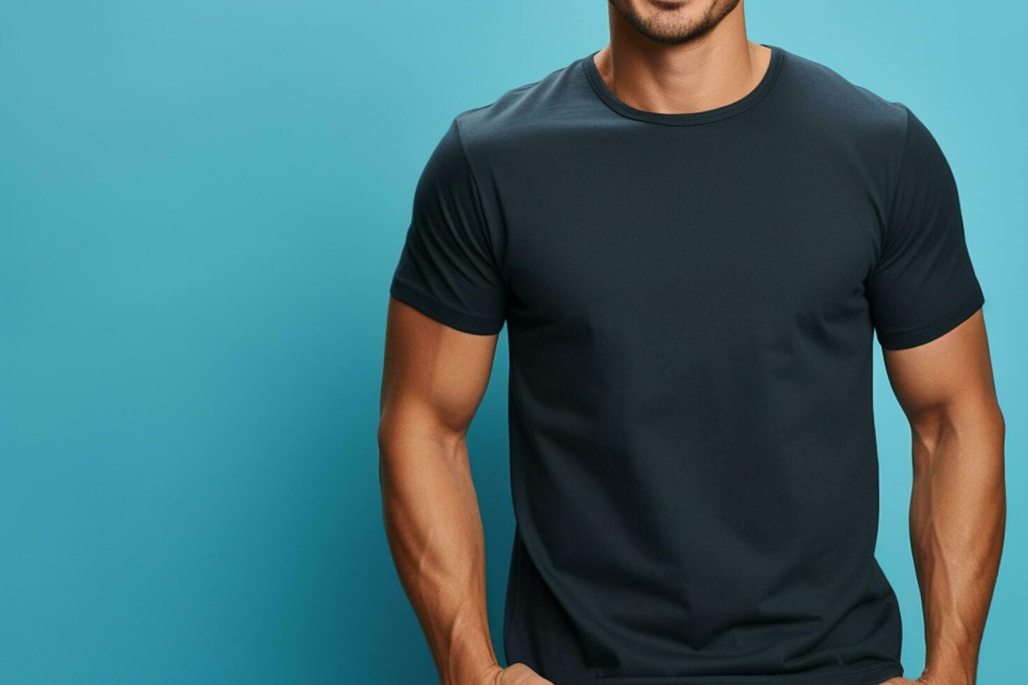 cropped view of smiling man in t-shirt on blue background AI Generated photo