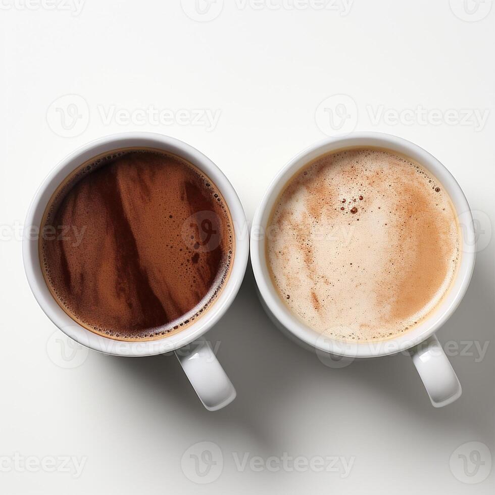 White mugs with hot chocolate, with and without chocolate powder photo