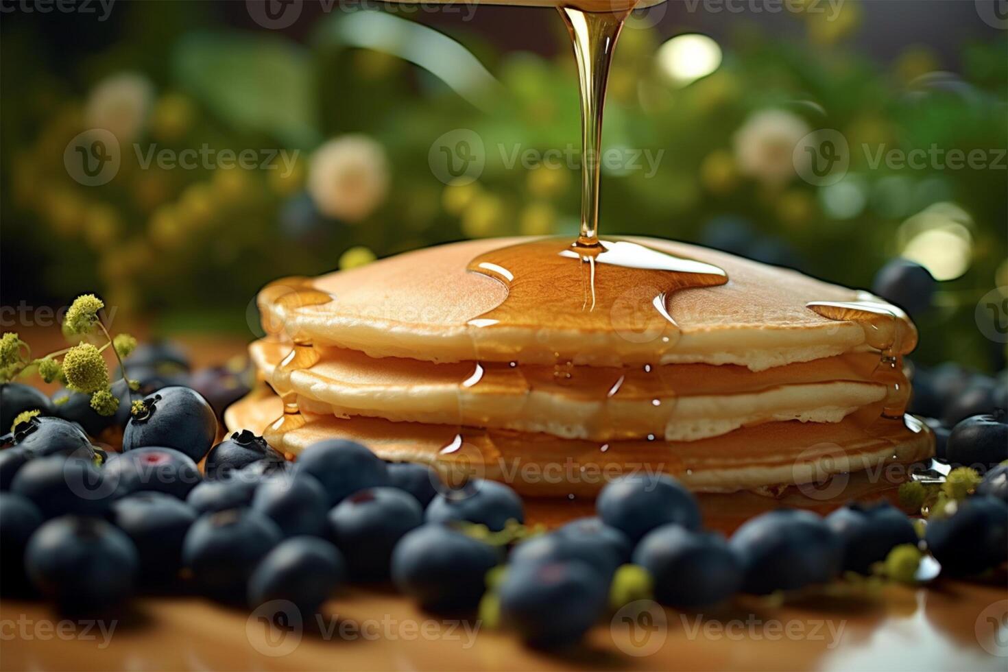 Delicious pancakes, with fresh blueberries and maple syrup flows from a stack of pancake photo