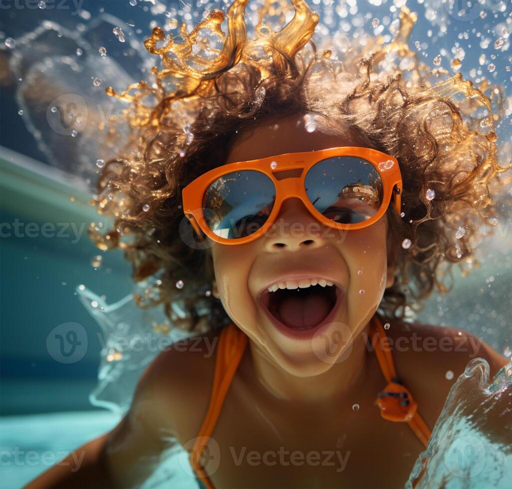 child in swimming pool with sunglasses smiling, in the style of photo-realistic landscapes AI Generated photo