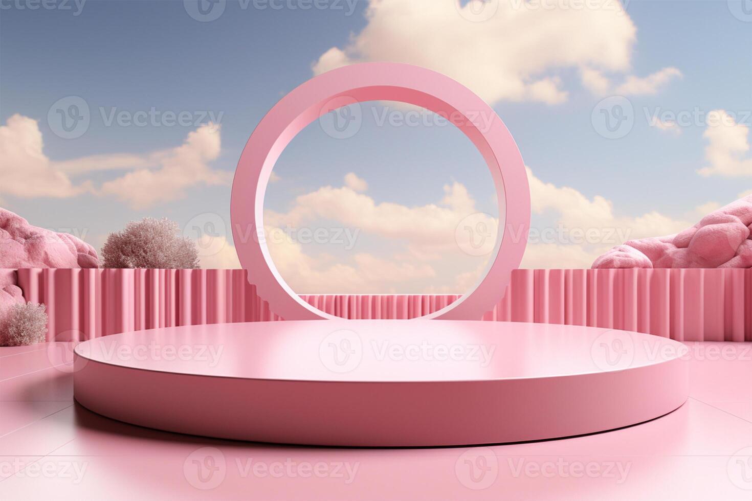 Pink podium and clouds in the blue sky, 3d rendering AI generated photo