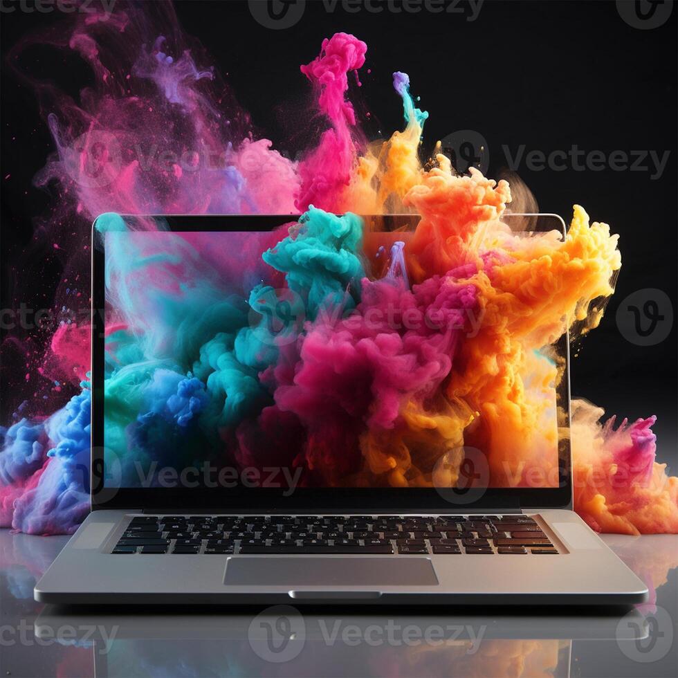 Laptop with blank screen Powerful explosion of powder explosion dust, holi AI Generated photo