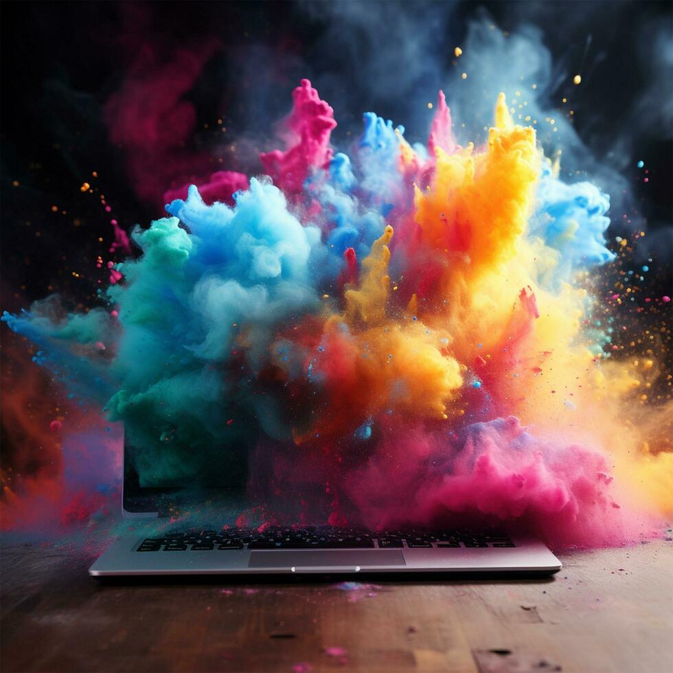 Laptop with blank screen Powerful explosion of powder explosion dust, holi AI Generated photo