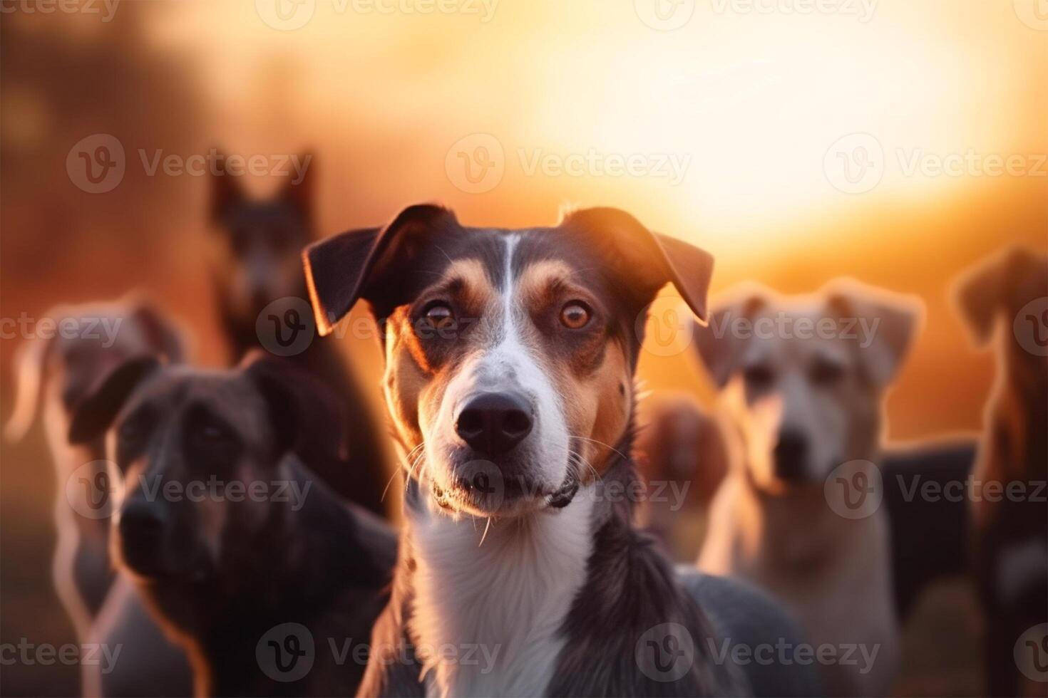 Set of dogs, diffrent sizes and breeds outdoor at sunset AI Generated photo