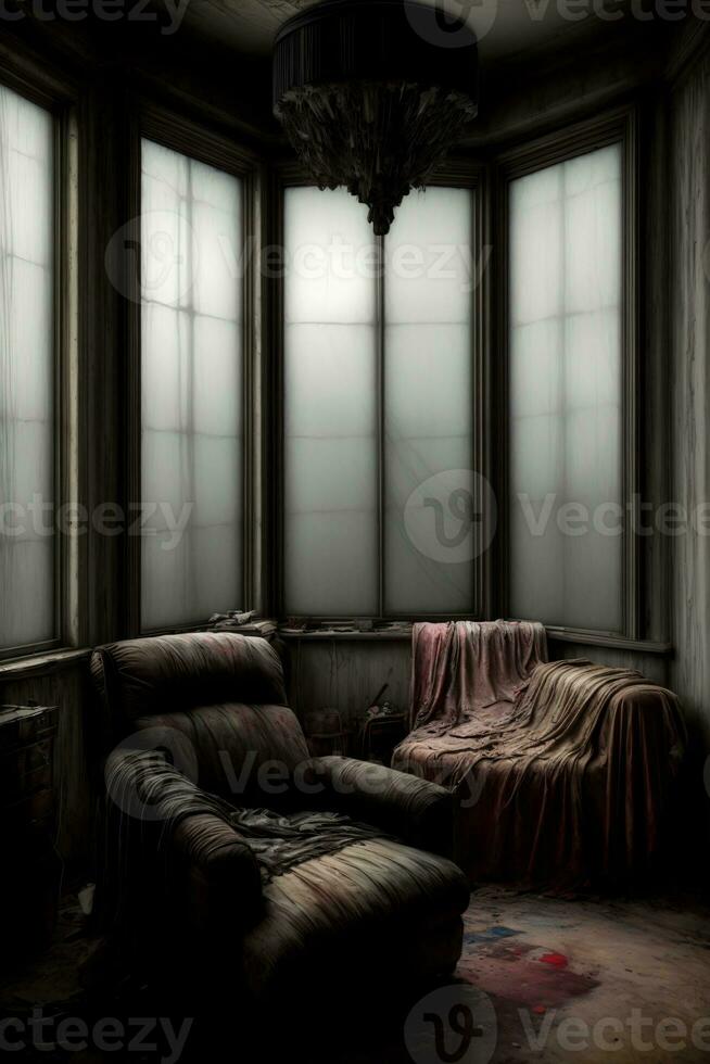 A Couch Sitting In A Living Room Next To A Window. AI Generated photo