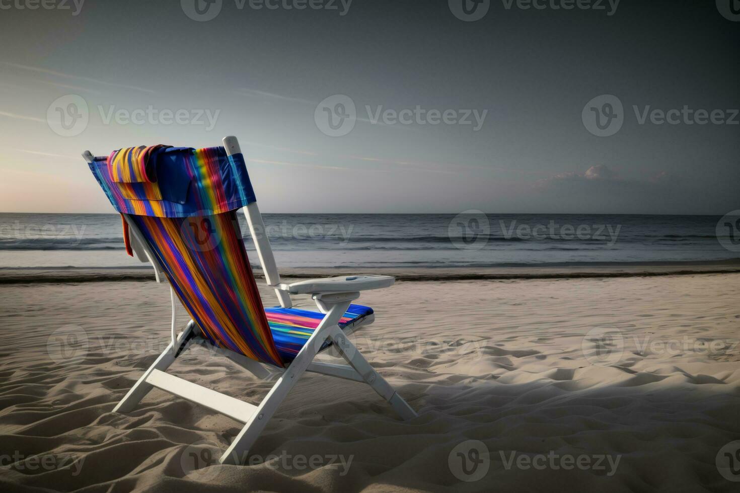 A Beach Chair Sitting On Top Of A Sandy Beach. AI Generated photo