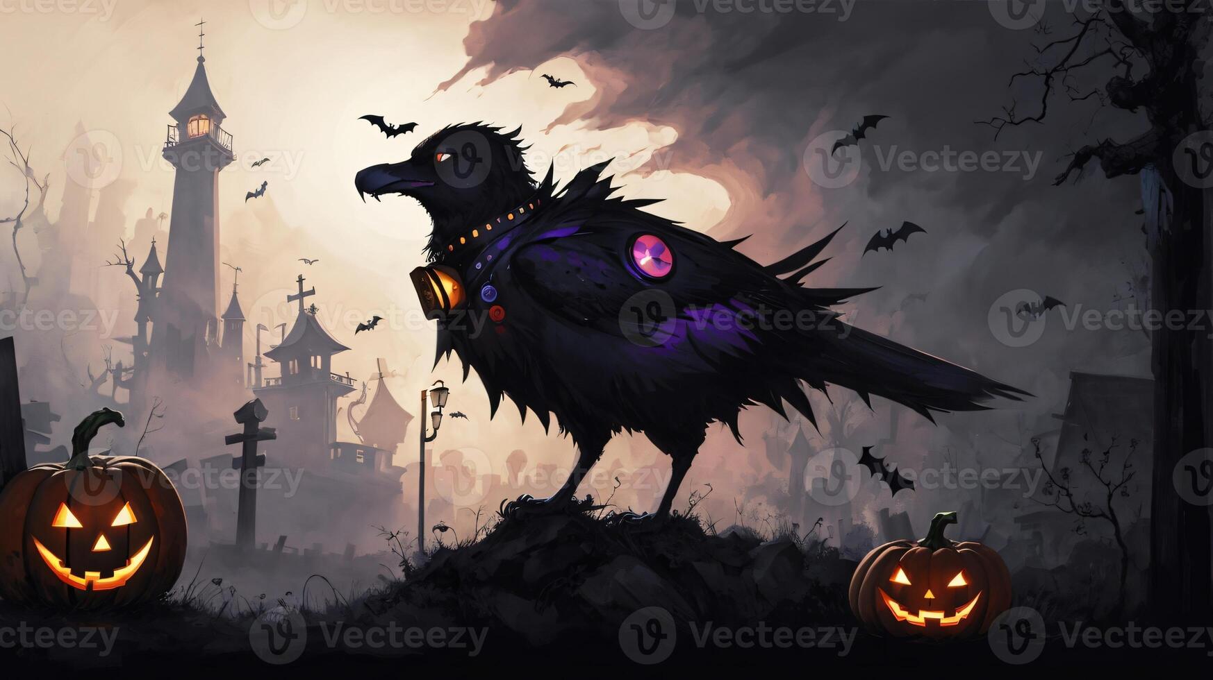 A Black Crow Standing On Top Of A Hill Next To Two Pumpkins. photo