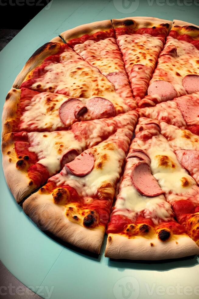 A Pizza Sitting On Top Of A Table Covered In Cheese And Pepperoni. AI Generated photo