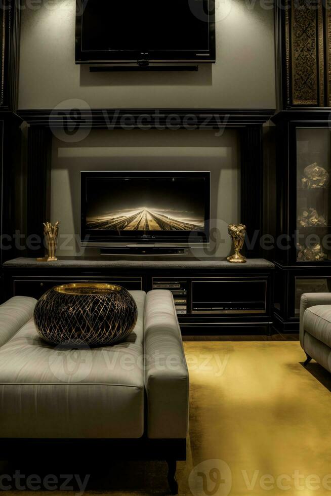 A Living Room Filled With Furniture And A Flat Screen Tv. AI Generated photo