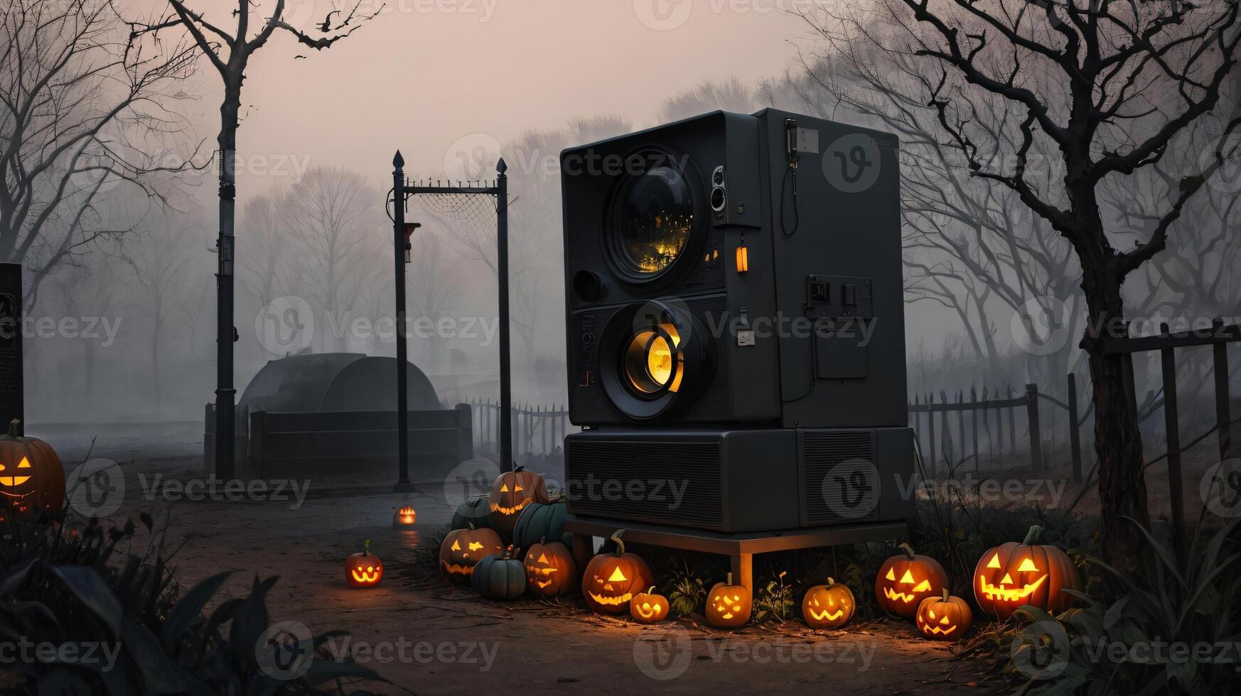 A Group Of Carved Pumpkins Sitting In Front Of A Speaker. photo