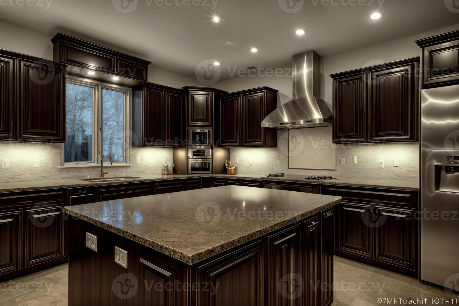 A Large Kitchen With A Center Island In The Middle Of The Room. AI Generated photo