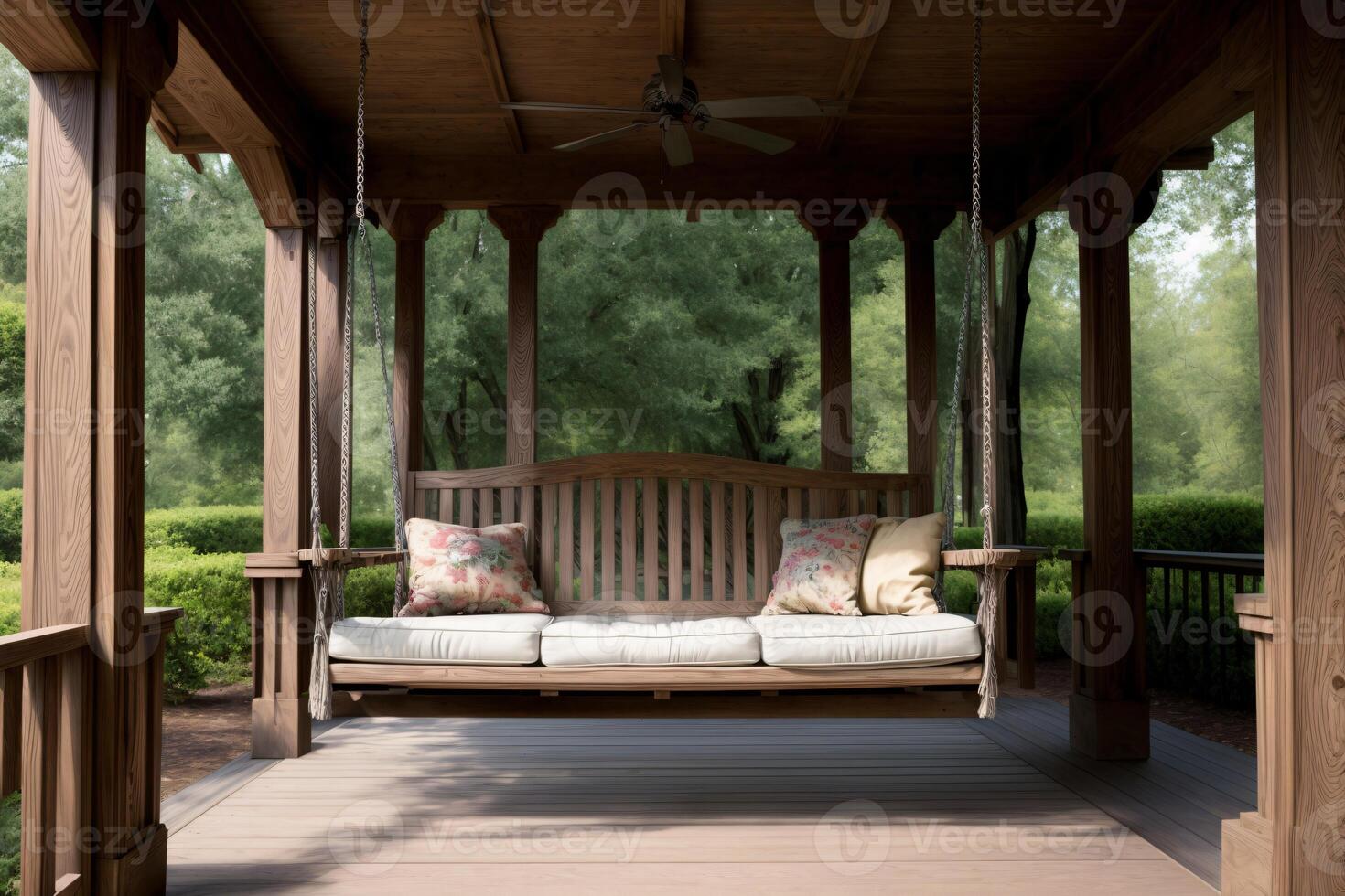 A Wooden Porch Swing With Pillows On It. AI Generated photo