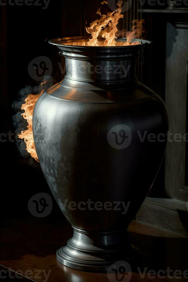 A Large Metal Urn Sitting On Top Of A Wooden Table. AI Generated photo