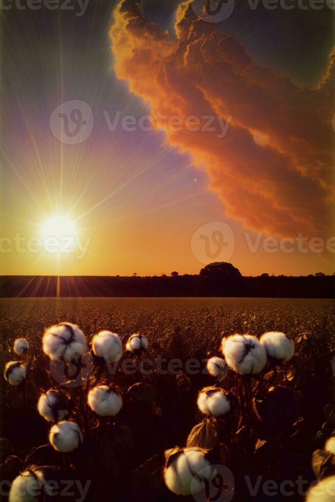 The Sun Is Setting Over A Field Of Cotton. AI Generated photo