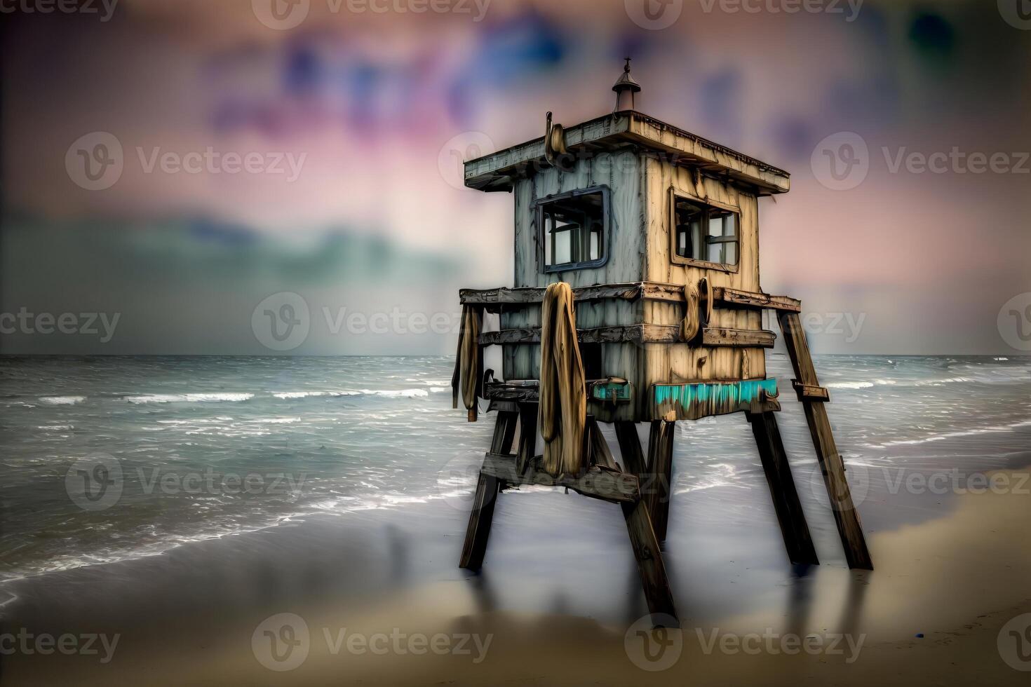 A Lifeguard Tower Sitting On Top Of A Sandy Beach. photo
