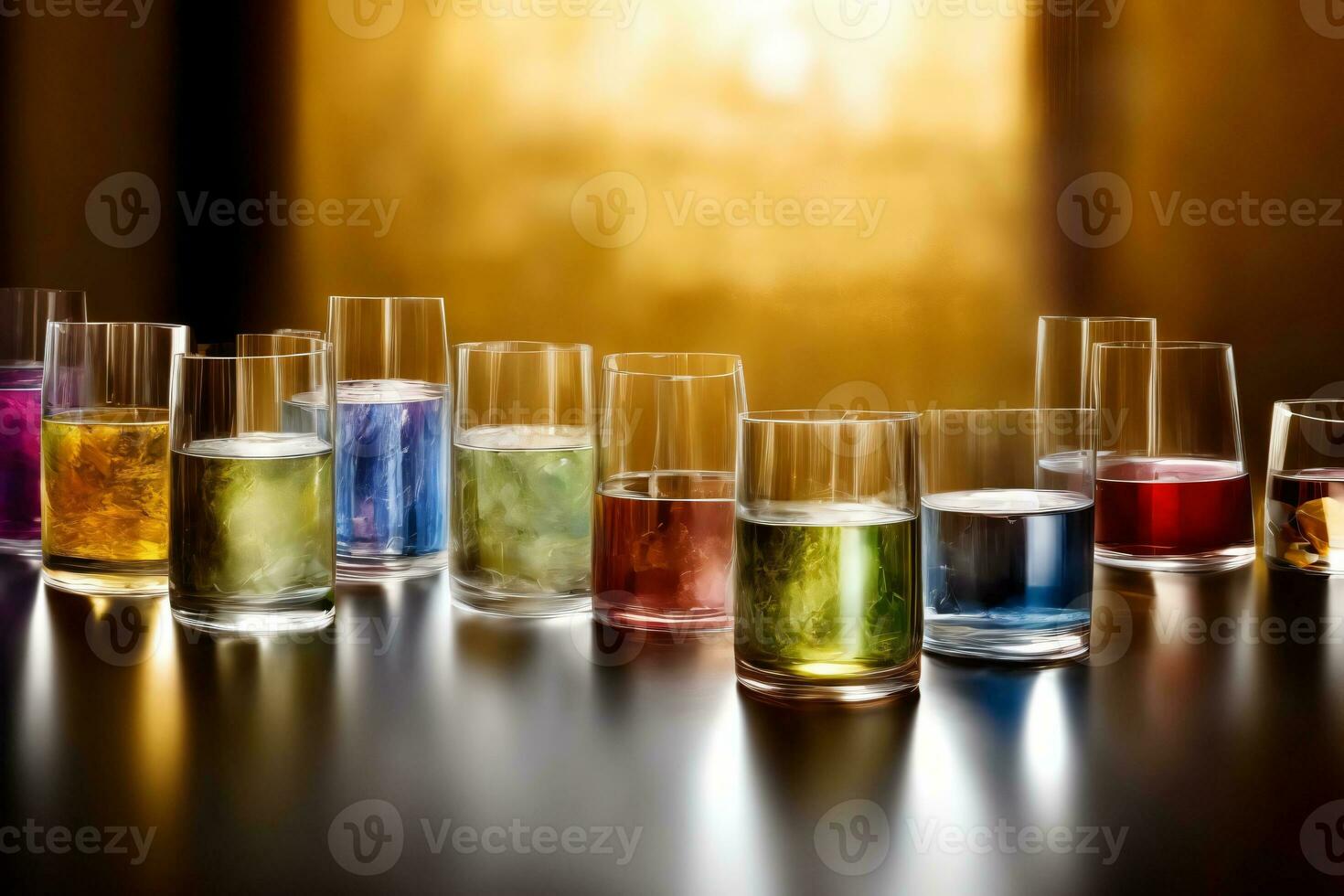 A Row Of Glasses Filled With Different Colored Liquids. AI Generated photo