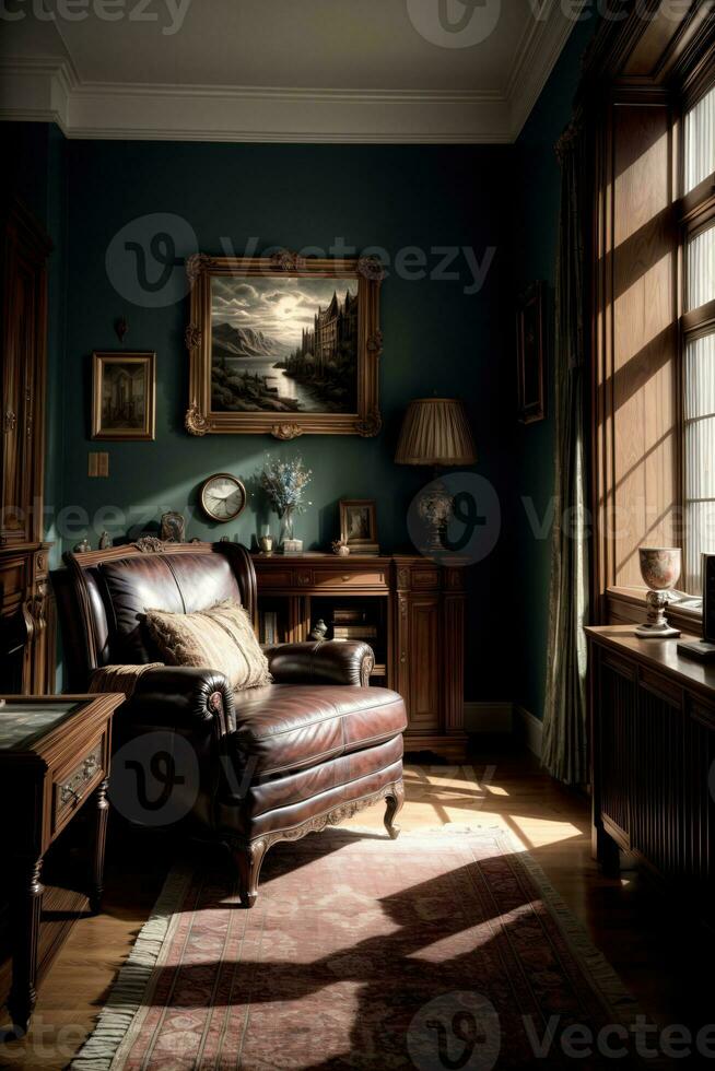 un vivo habitación lleno con mueble y un pintura en el pared. ai generado foto