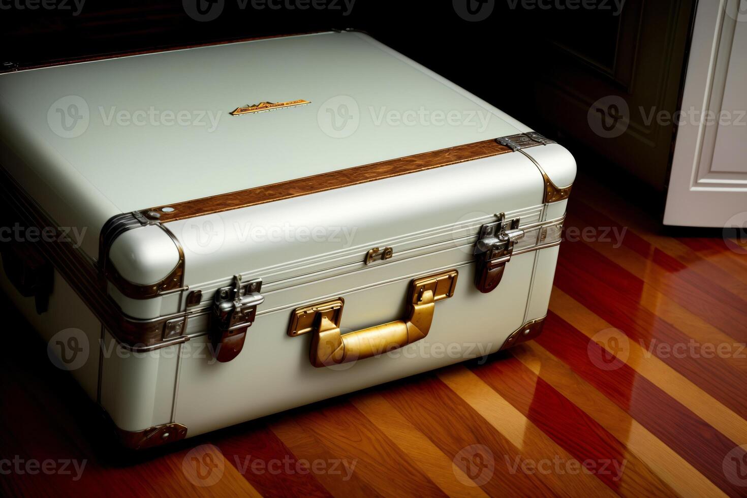 A White Suit Case Sitting On Top Of A Wooden Floor. AI Generated photo