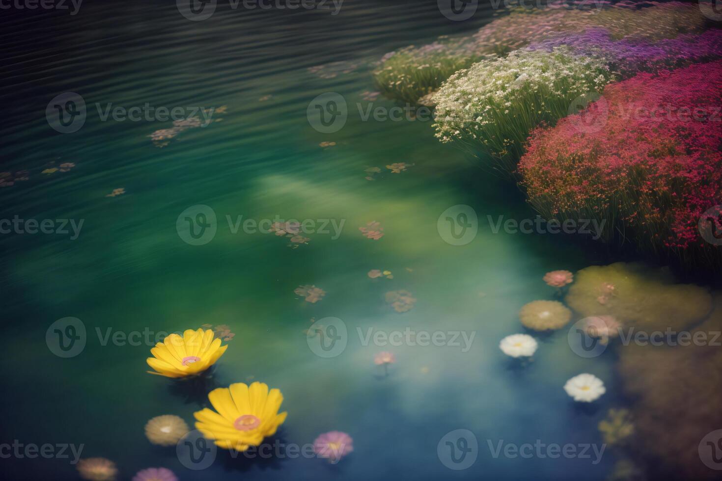 A Group Of Yellow Flowers Floating On Top Of A Lake. photo
