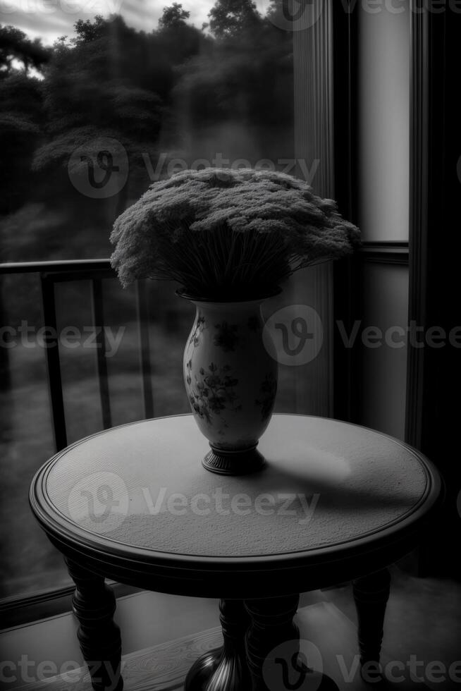 A Black And White Photo Of A Vase On A Table. AI Generated