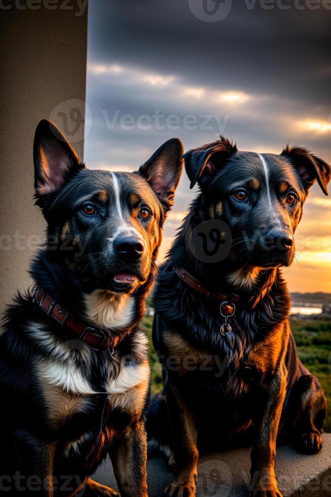 A Couple Of Dogs Sitting Next To Each Other. photo