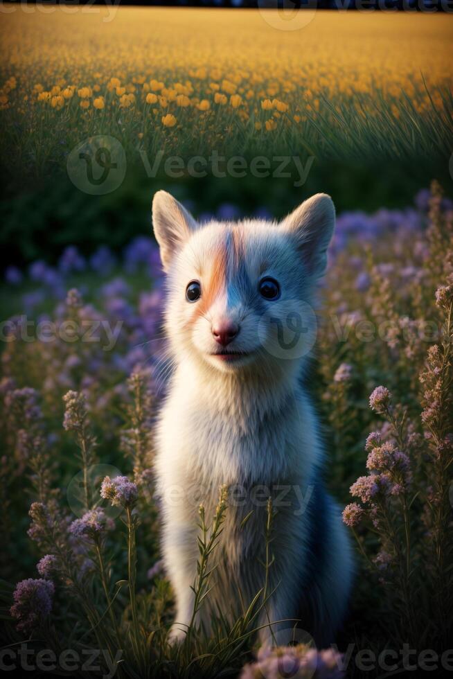 A Small White Kitten Sitting In A Field Of Flowers. photo
