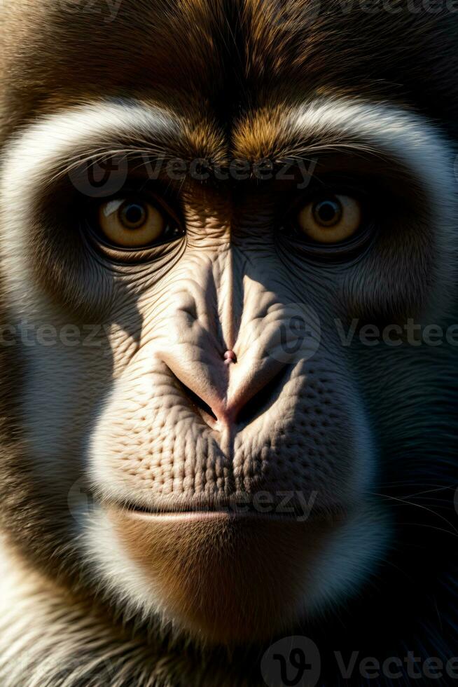 A Close Up Of A MonkeyS Face With A Blurry Background. AI Generated photo