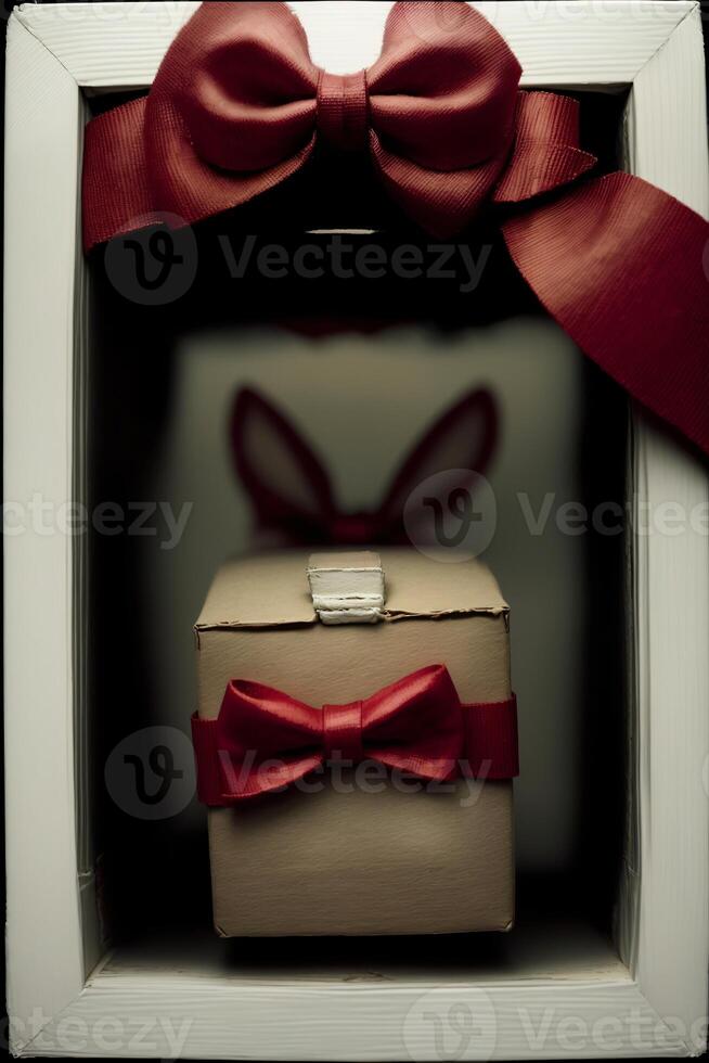 A White Box With A Red Bow Around It. AI Generated photo