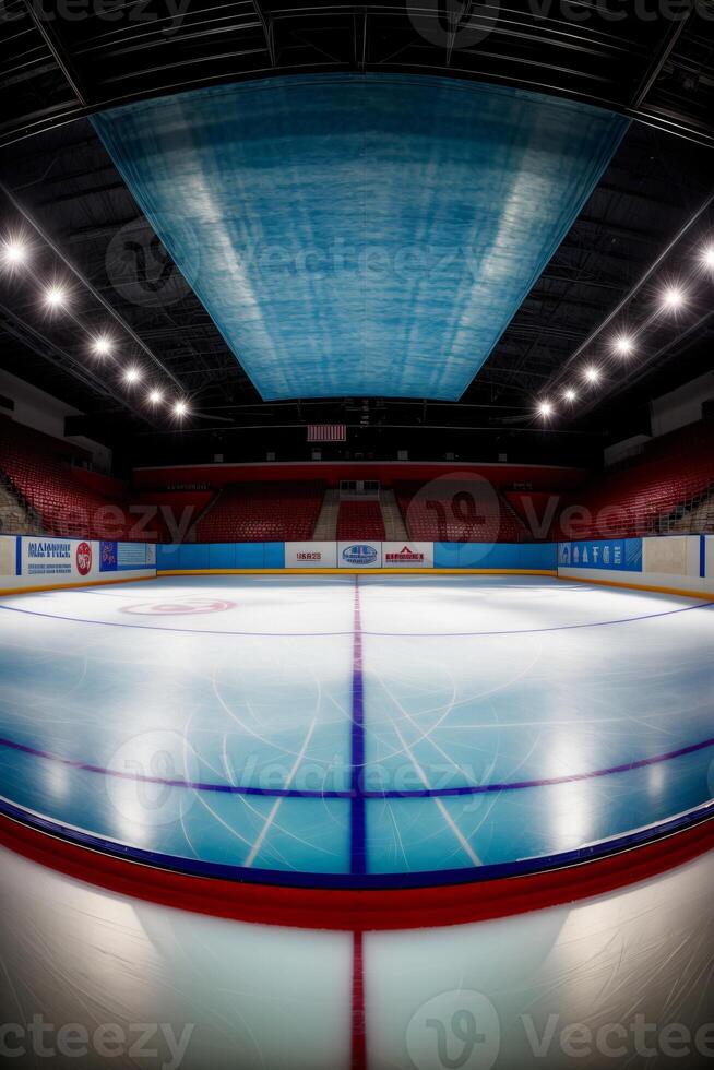 An Ice Rink In A Hockey Stadium With Lights. photo