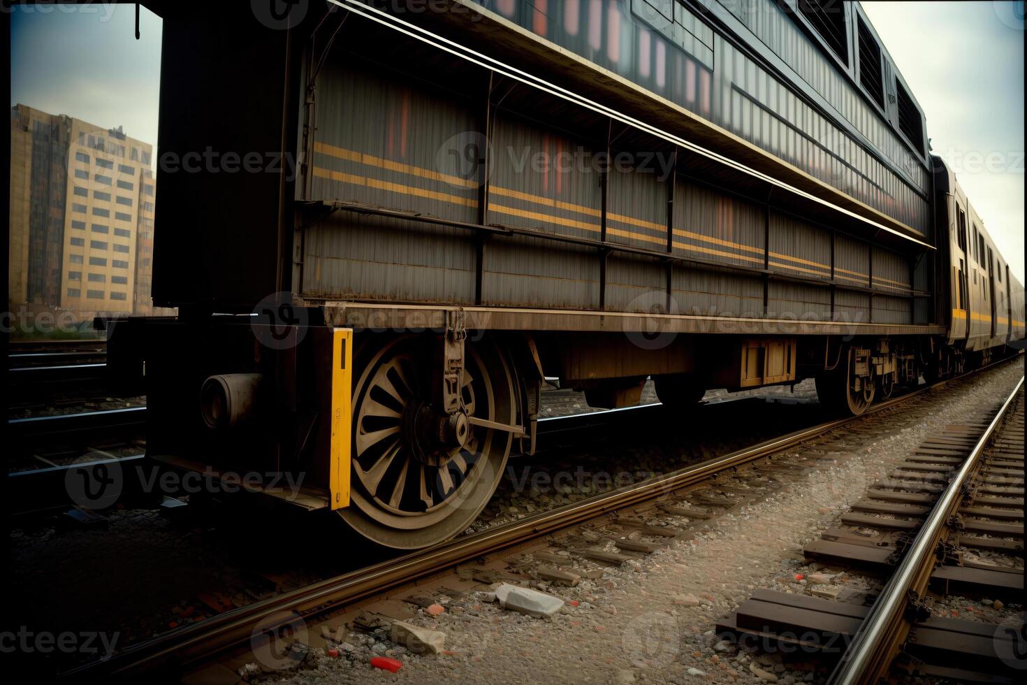 A Train Traveling Down Train Tracks Next To A Tall Building. photo