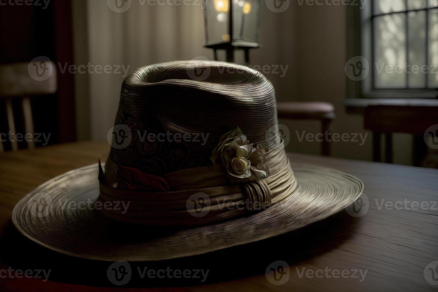 A Hat Sitting On Top Of A Wooden Table. photo